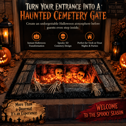 🎃 Halloween Cemetery Gate Doormat – Spooky Front Door Mat for Porch, Trick-or-Treat & Haunted House Decor