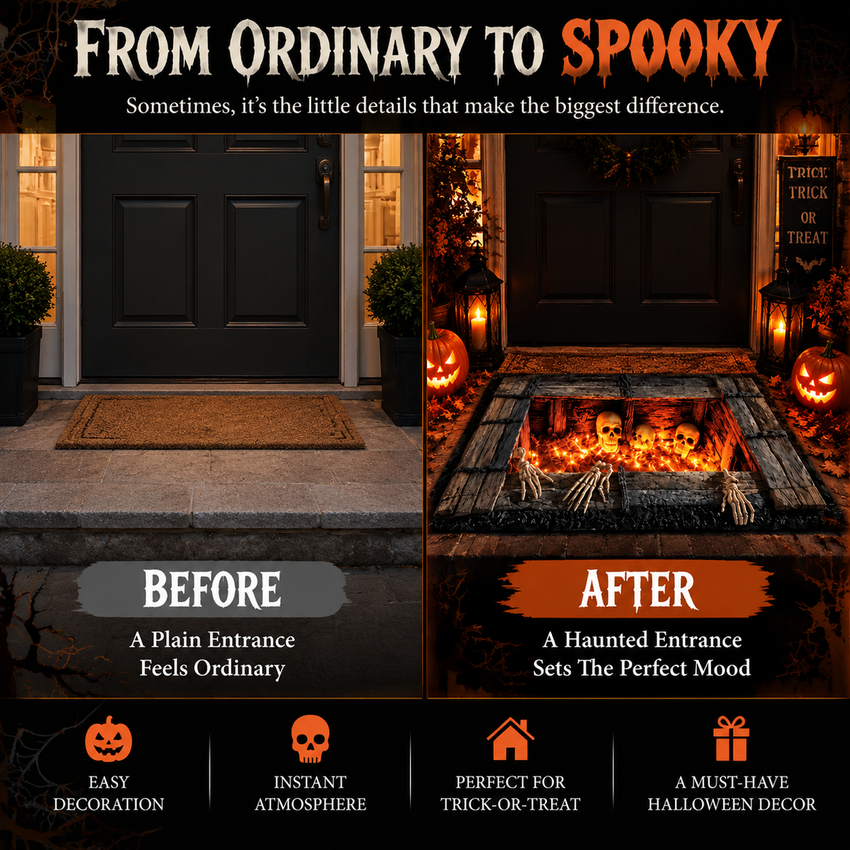 🎃 Halloween Cemetery Gate Doormat – Spooky Front Door Mat for Porch, Trick-or-Treat & Haunted House Decor