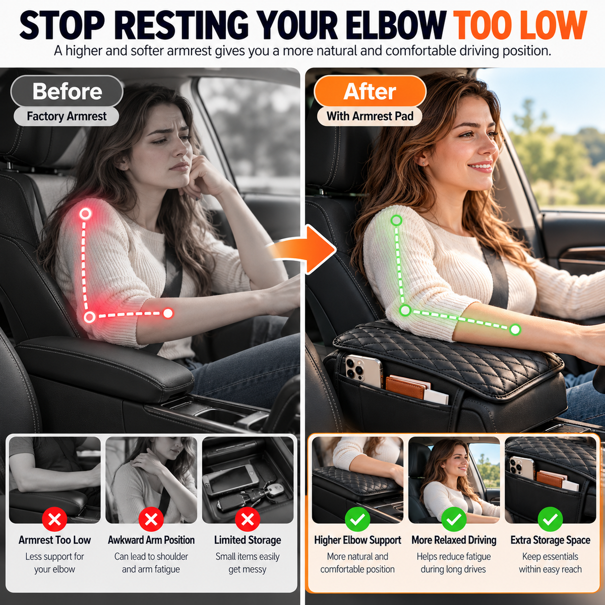 🔥Car Armrest Support Cushion – Center Console Riser with Side Pocket & Non-Slip Mat
