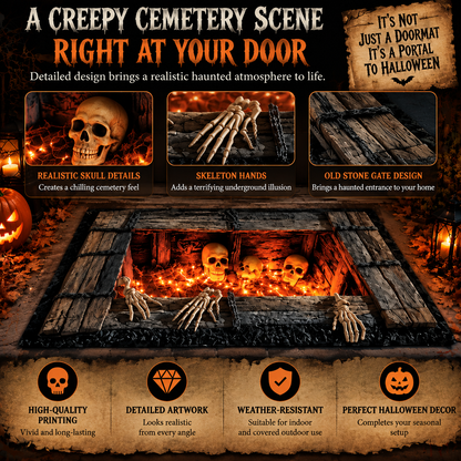 🎃 Halloween Cemetery Gate Doormat – Spooky Front Door Mat for Porch, Trick-or-Treat & Haunted House Decor