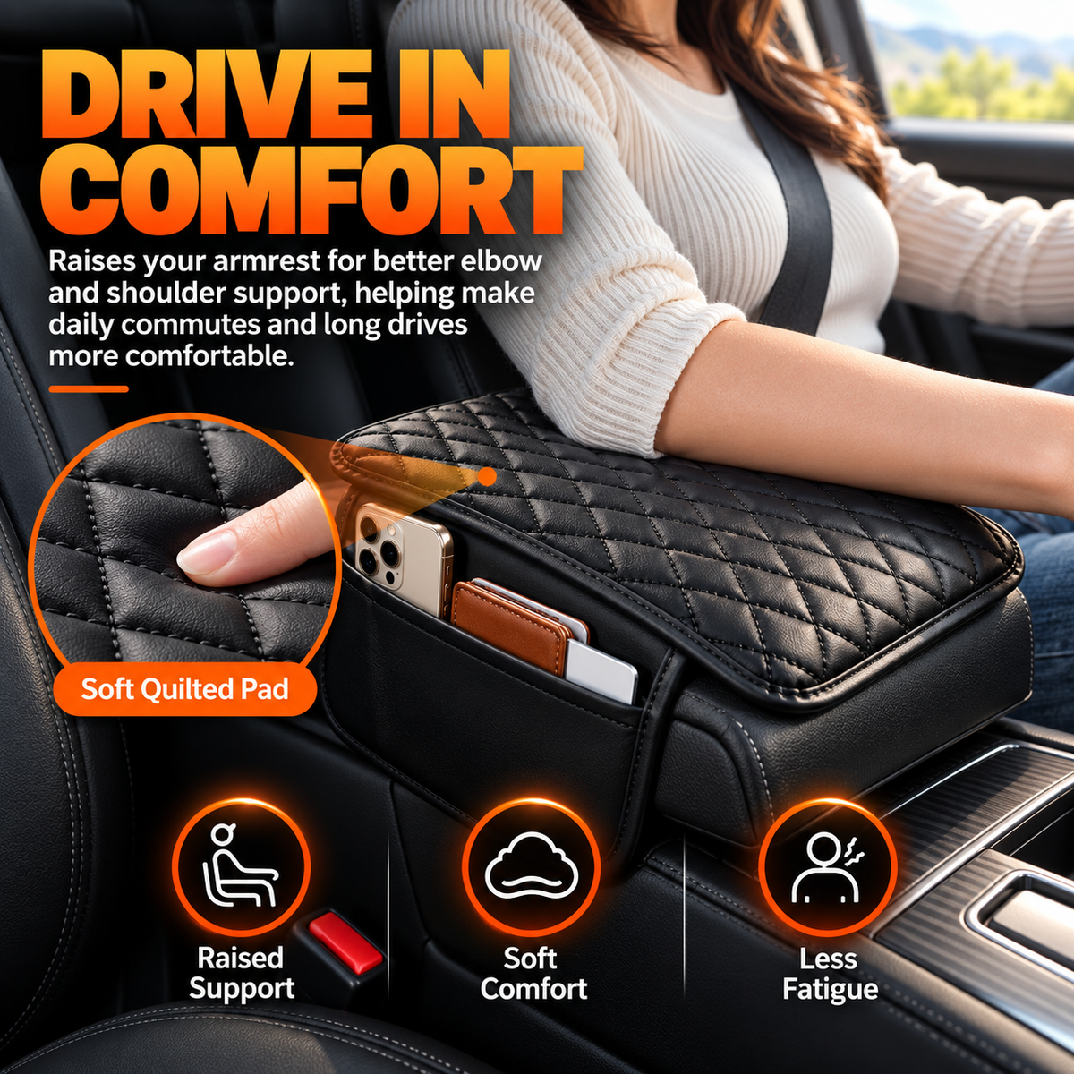 🔥Car Armrest Support Cushion – Center Console Riser with Side Pocket & Non-Slip Mat
