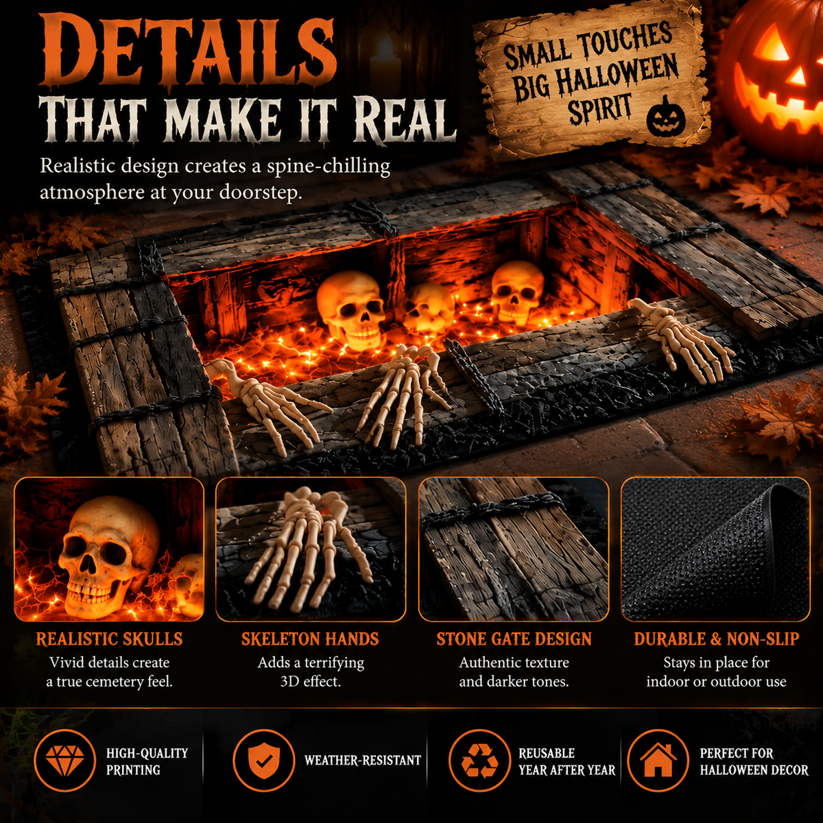🎃 Halloween Cemetery Gate Doormat – Spooky Front Door Mat for Porch, Trick-or-Treat & Haunted House Decor