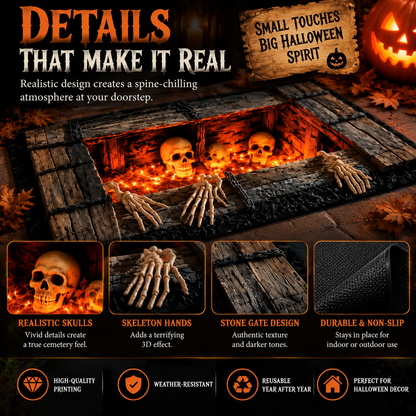 🎃 Halloween Cemetery Gate Doormat – Spooky Front Door Mat for Porch, Trick-or-Treat & Haunted House Decor