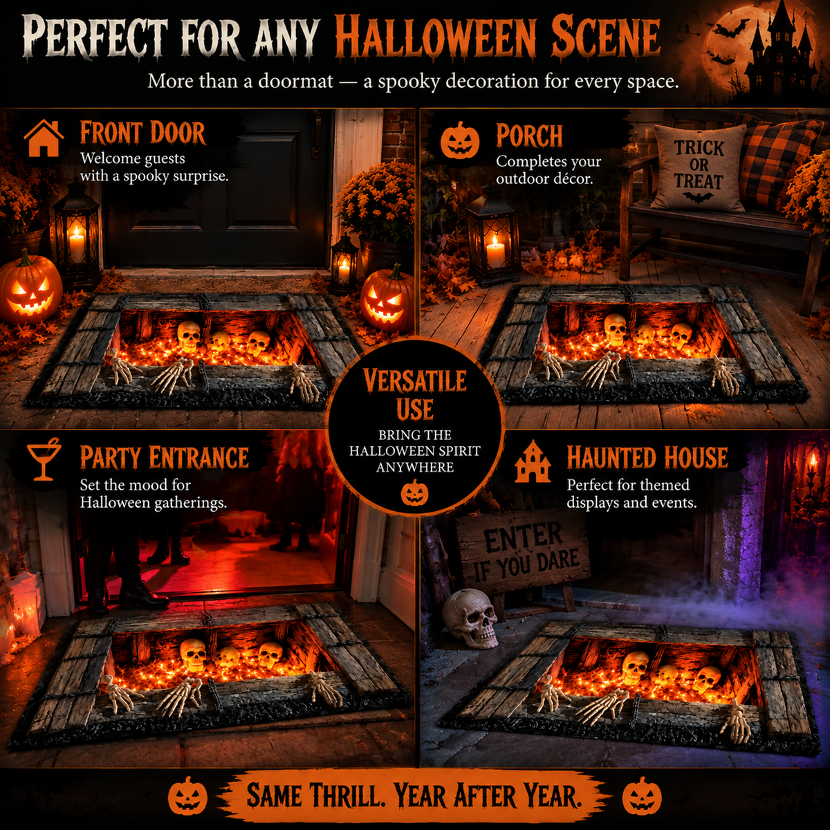 🎃 Halloween Cemetery Gate Doormat – Spooky Front Door Mat for Porch, Trick-or-Treat & Haunted House Decor