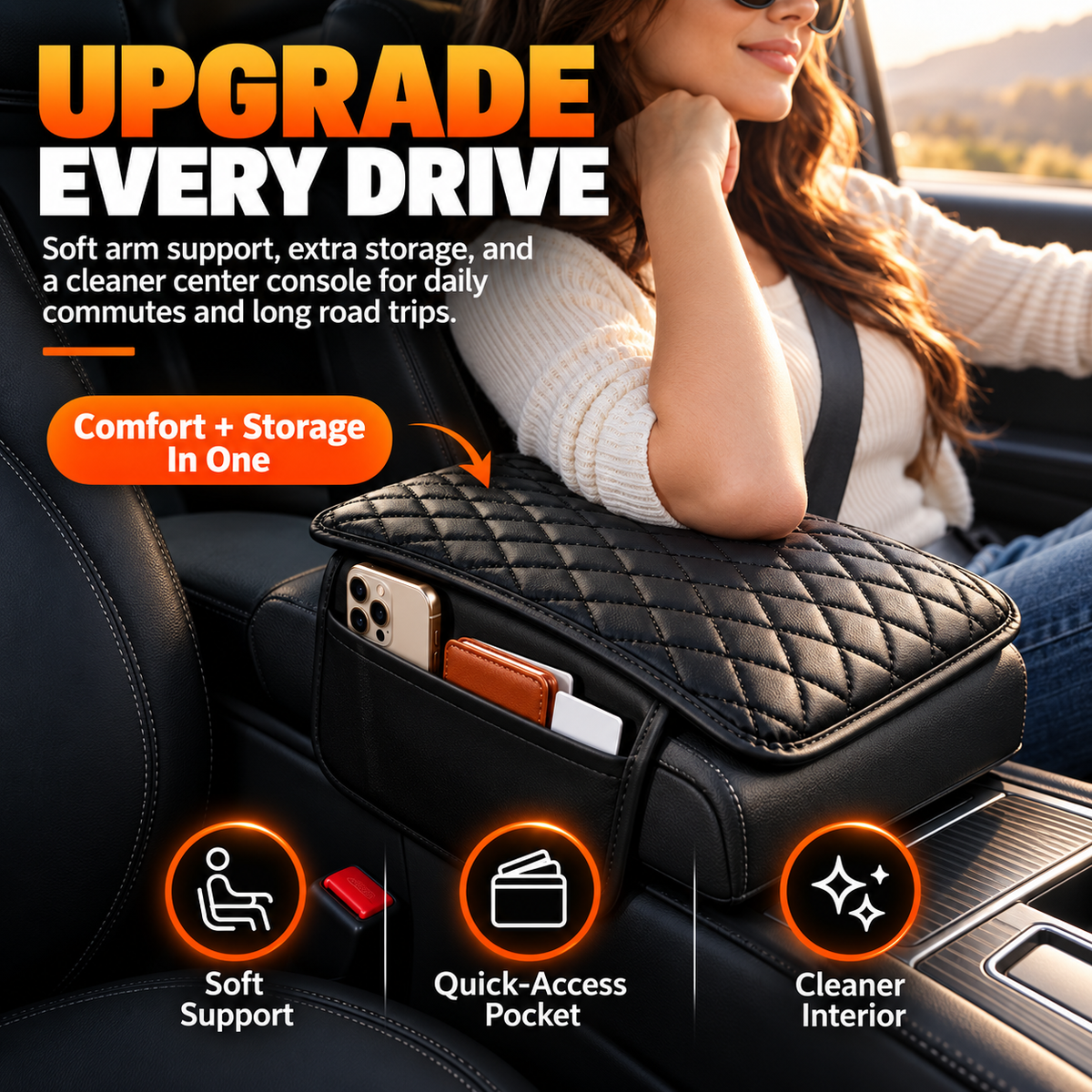 🔥Car Armrest Support Cushion – Center Console Riser with Side Pocket & Non-Slip Mat