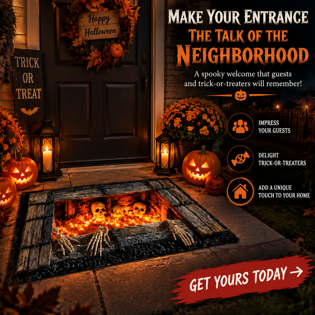 🎃 Halloween Cemetery Gate Doormat – Spooky Front Door Mat for Porch, Trick-or-Treat & Haunted House Decor