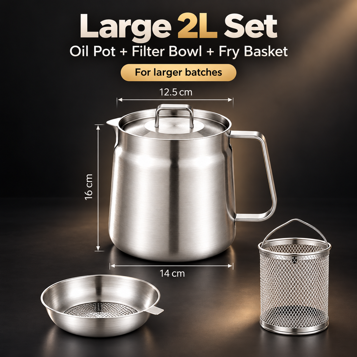 🍟✨ 3-in-1 Stainless Steel Deep Fryer Pot with Oil Filter & Fry Basket 🥘💧 304 Stainless Steel Cooking Oil Strainer & Storage Container 🍗🔥 Easy-Pour Design for Home Kitchen 🍳💖 1.5L/2L Available