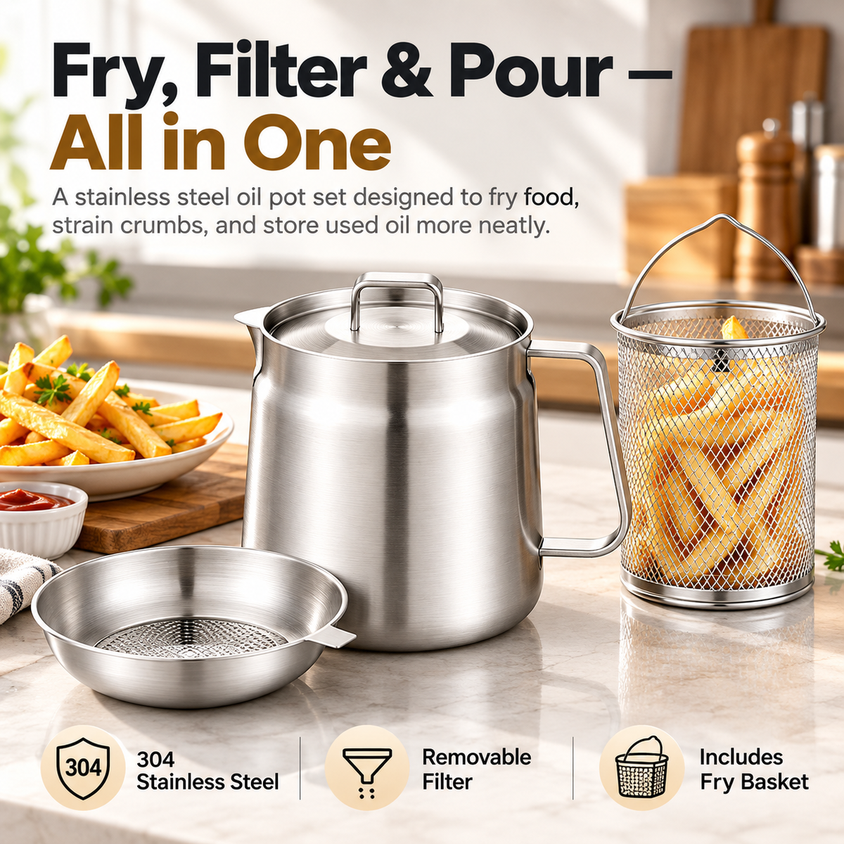 🍟🍟 3-in-1 Stainless Steel Deep Fryer Pot with Oil Filter & Fry Basket