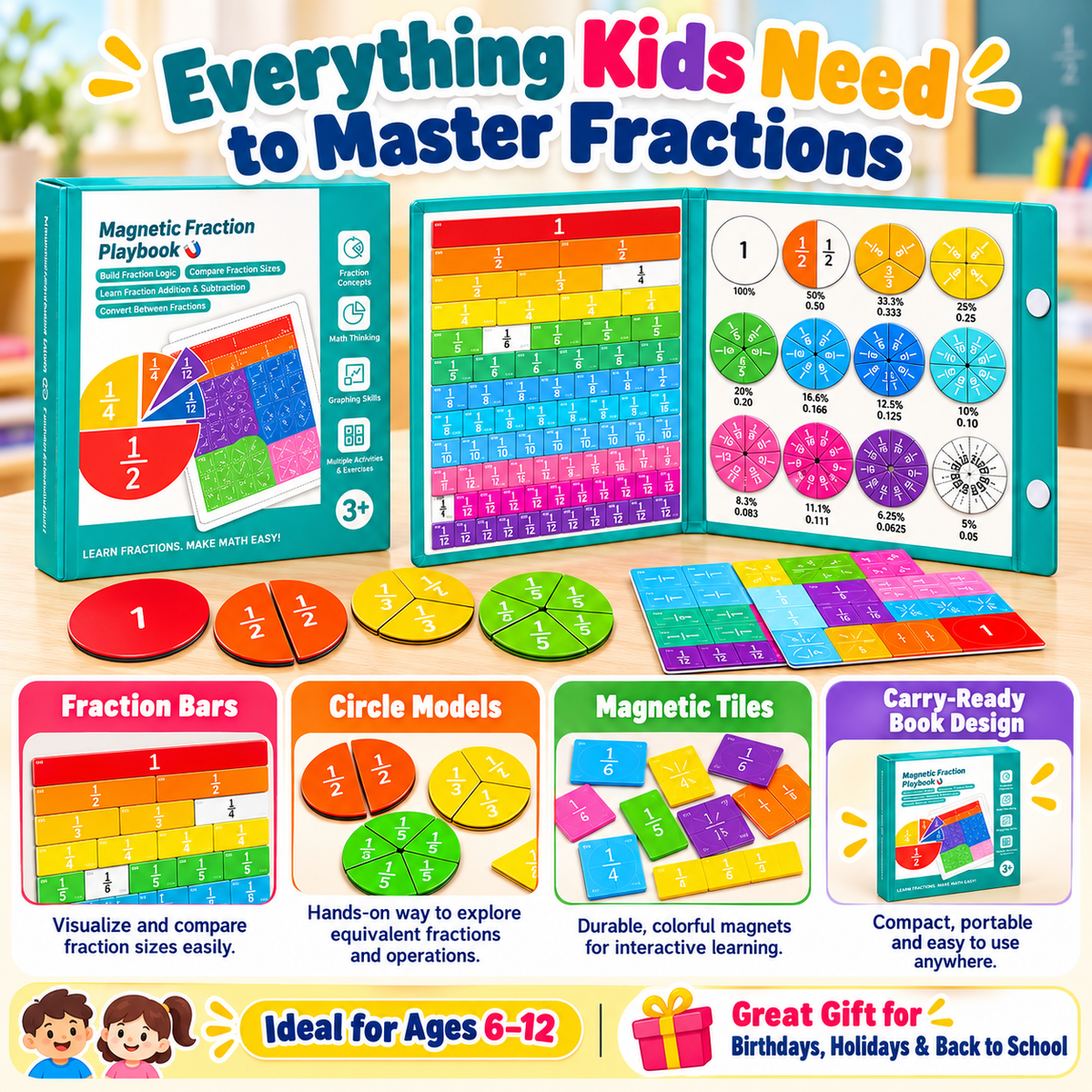 Magnetic Fraction Learning Book for Kids – Hands-On Math Manipulatives with Fraction Bars & Circles, Ages 6+