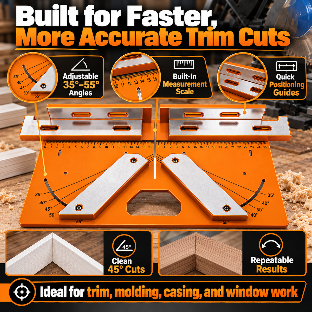 🛠️ Precision Miter Trim Cutting Jig | Adjustable 35°–55° Angles, Built-In Measuring Scale & Faster, Cleaner Trim Cuts 📐