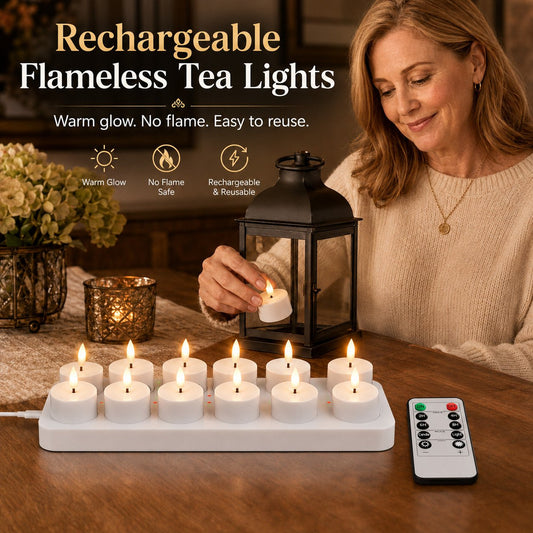 Rechargeable Flameless Flickering LED Tea Lights with Charging Base