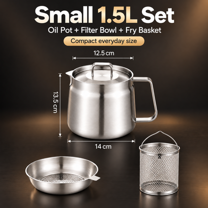🍟✨ 3-in-1 Stainless Steel Deep Fryer Pot with Oil Filter & Fry Basket 🥘💧 304 Stainless Steel Cooking Oil Strainer & Storage Container 🍗🔥 Easy-Pour Design for Home Kitchen 🍳💖 1.5L/2L Available