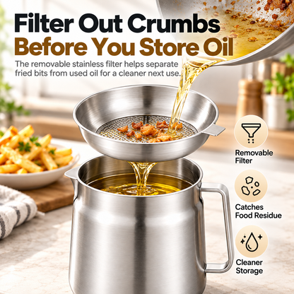 🍟✨ 3-in-1 Stainless Steel Deep Fryer Pot with Oil Filter & Fry Basket 🥘💧 304 Stainless Steel Cooking Oil Strainer & Storage Container 🍗🔥 Easy-Pour Design for Home Kitchen 🍳💖 1.5L/2L Available