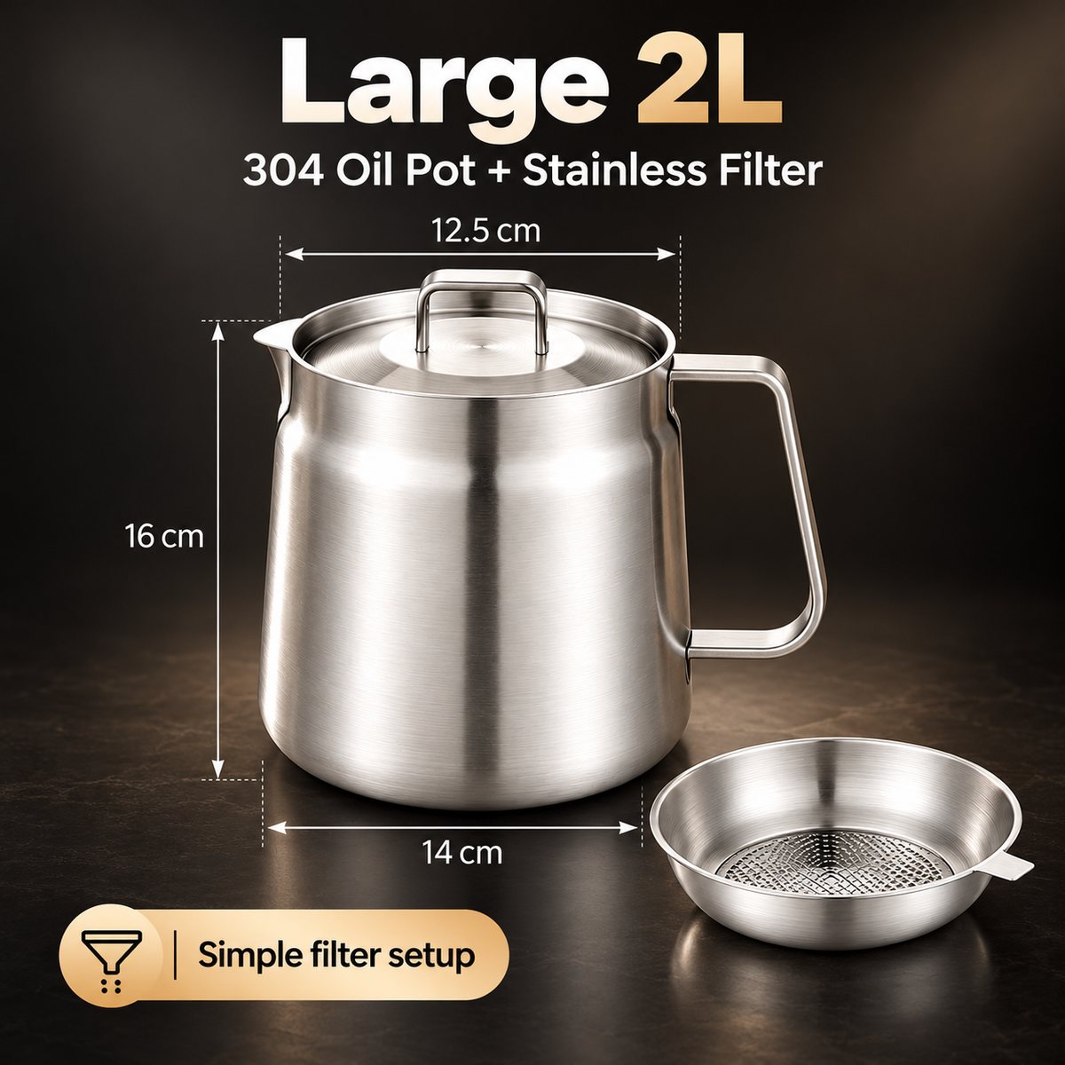 🍟✨ 3-in-1 Stainless Steel Deep Fryer Pot with Oil Filter & Fry Basket 🥘💧 304 Stainless Steel Cooking Oil Strainer & Storage Container 🍗🔥 Easy-Pour Design for Home Kitchen 🍳💖 1.5L/2L Available